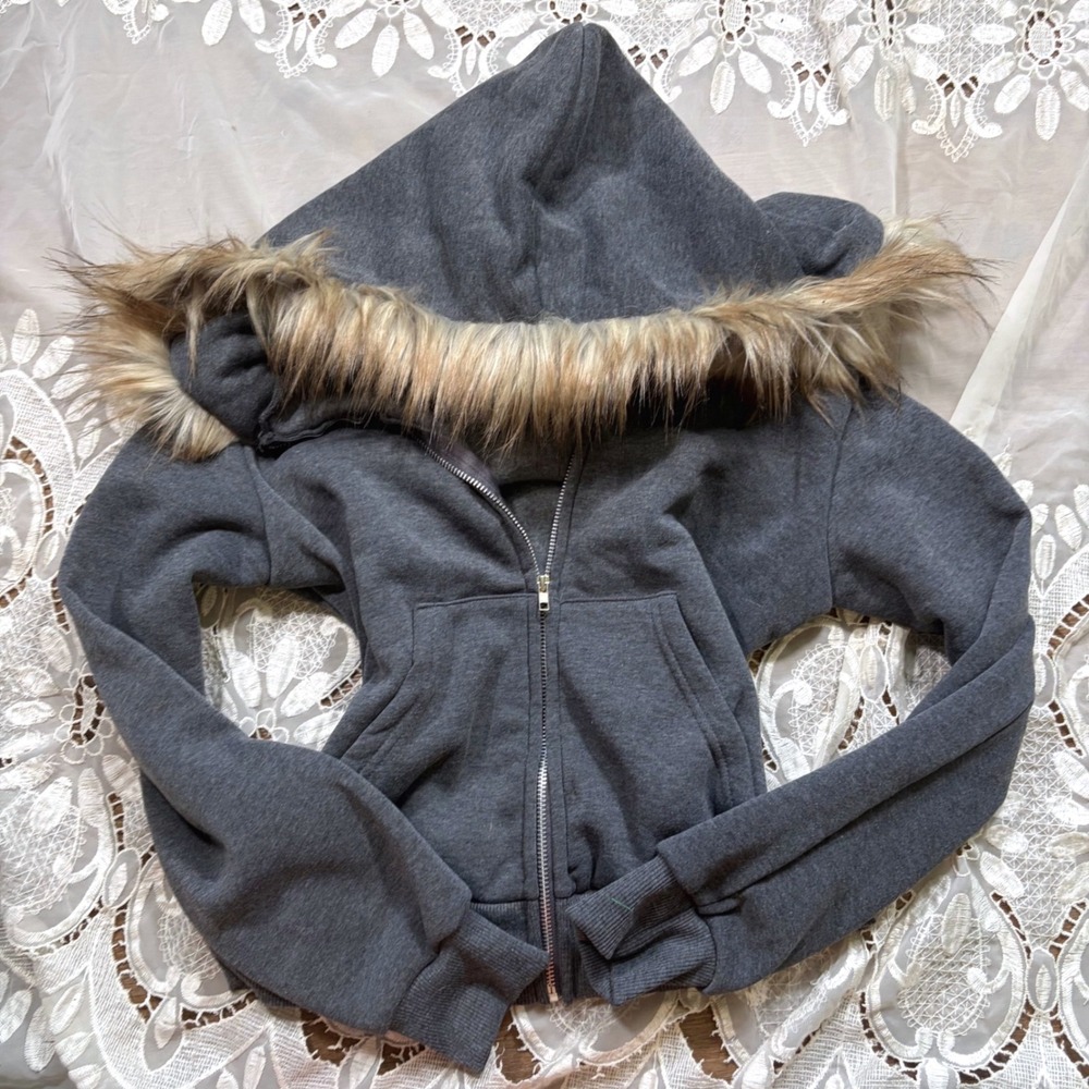 Y2K Fall Grey Faux Fur Hood Trim Zip Up Hoodie Fleece Sweatshirt Jacket